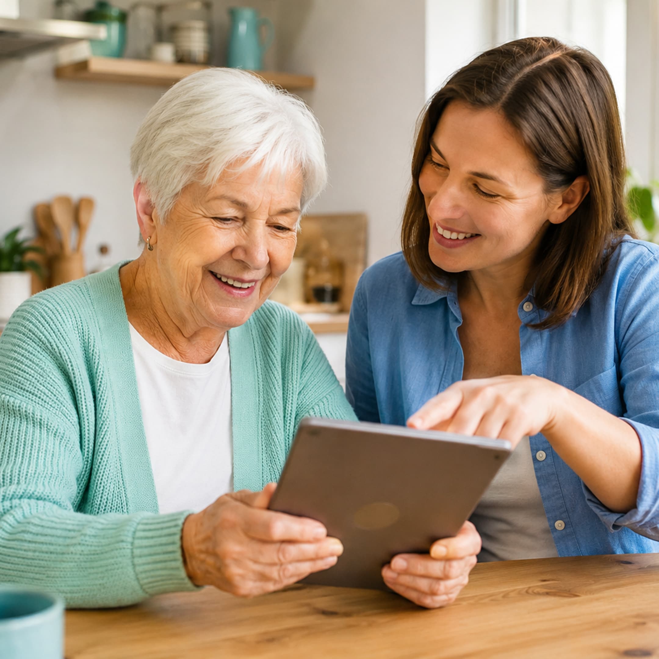 A senior and her daughter looking at a tablet together at the kitchen table