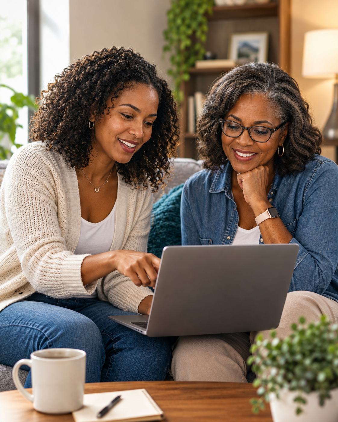 An advocate showing a client something on a laptop