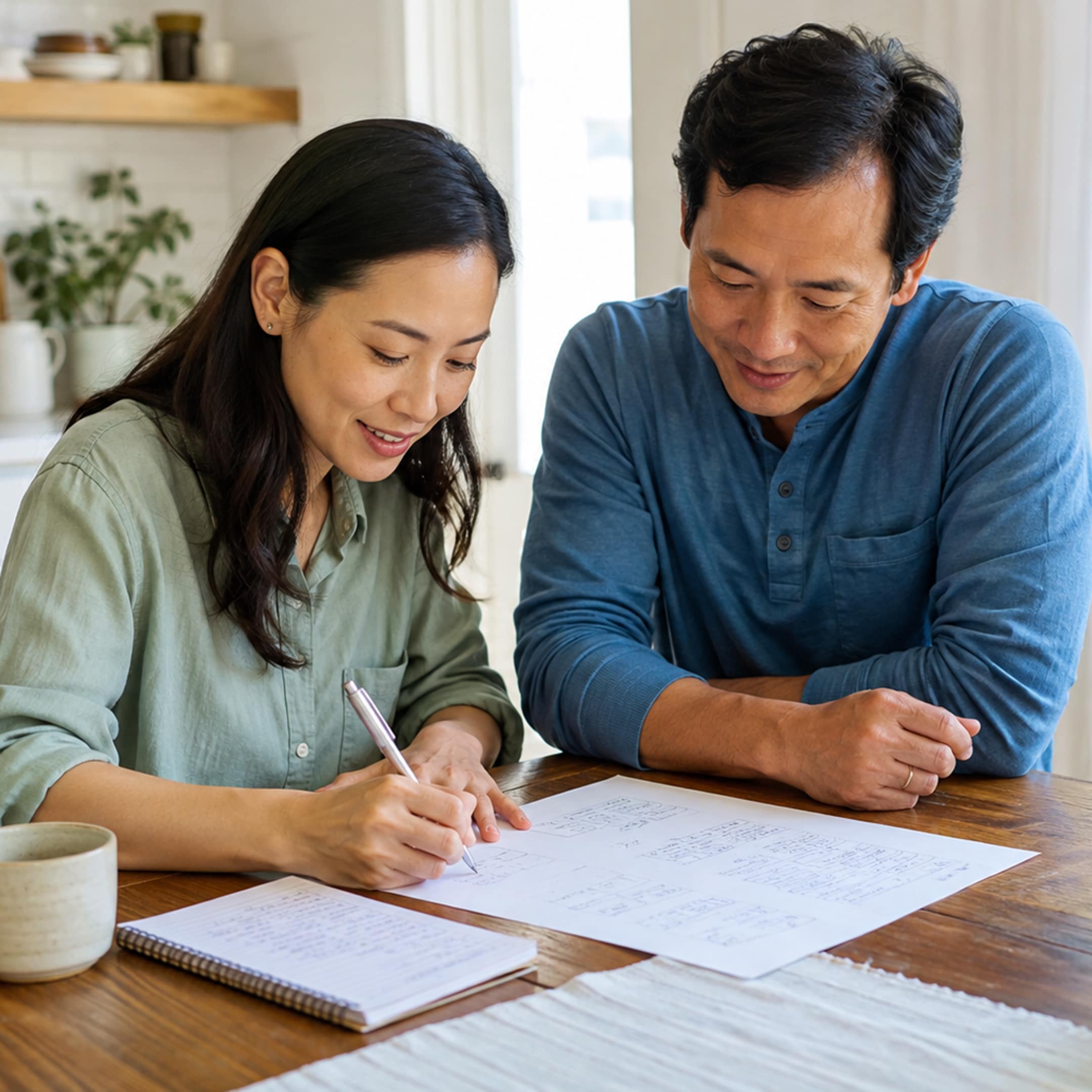 Two people at a kitchen table going through paperwork together